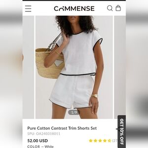 Commense White Pure Cotton Contrast Trim Shorts Set